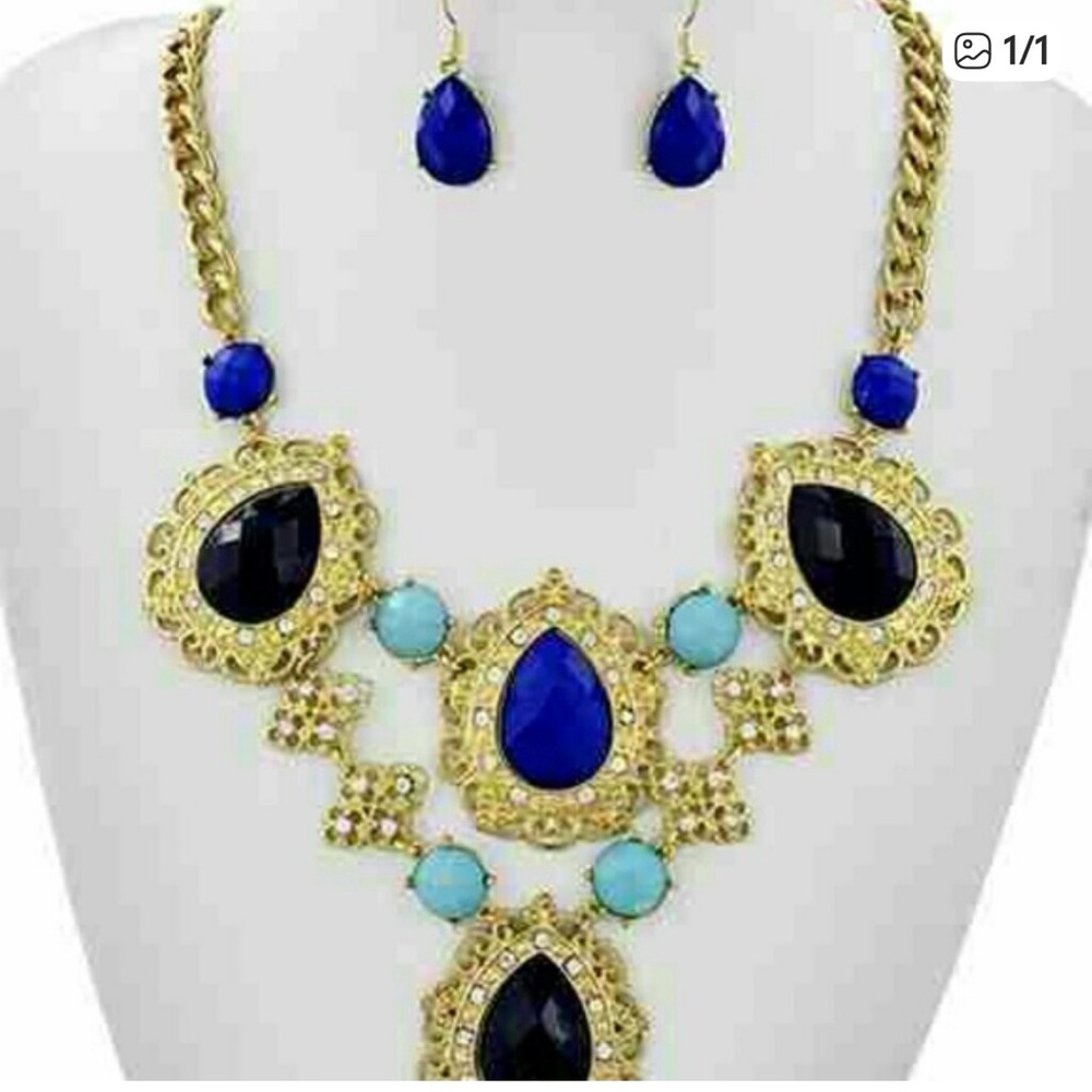 Gold Statement Necklace & Earrings Set with Royal Blue and Turquoise Stones